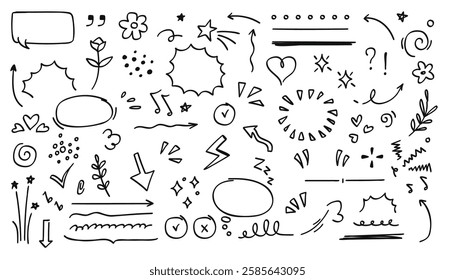 A collection of hand-drawn doodle elements, including speech bubbles, arrows, hearts, stars, and decorative lines. Perfect for creative designs, comics, social media, and artistic projects.