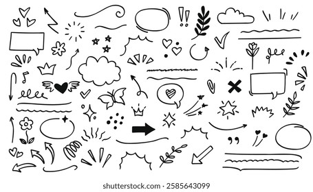 A collection of hand-drawn doodle elements, including speech bubbles, arrows, hearts, stars, and decorative lines. Perfect for creative designs, comics, social media, and artistic projects.