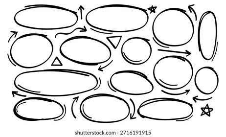 Coleção de elementos de rabiscar desenhados à mão, incluindo vários quadros de realce ovais e circulares, setas, estrelas e triângulos.Ilustração de vetor