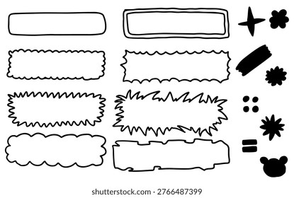 A collection of hand-drawn doodle elements including various shapes of speech bubbles, stars, and abstract designs.