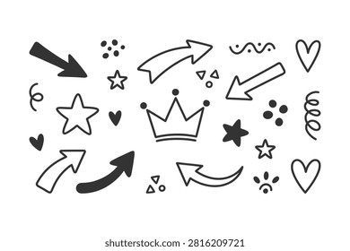 A collection of hand-drawn doodle elements including arrows, stars, hearts, and a crown. Perfect for adding a whimsical touch to designs
