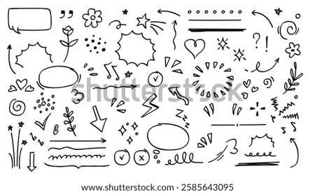 A collection of hand-drawn doodle elements, including speech bubbles, arrows, hearts, stars, and decorative lines. Perfect for creative designs, comics, social media, and artistic projects.