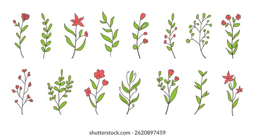 Uma coleção de flores de rabiscar desenhadas à mão em um estilo de contorno colorido e preenchido. Este conjunto de arte vetorial apresenta ramos florais botânicos e folhas minimalistas. Coleção de vetor de flores silvestres.