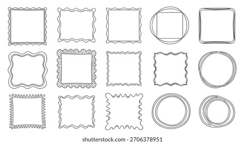 Sammlung handgezeichneter Doodle-Rahmen und Ränder mit verschiedenen wellenförmigen, skalierten und abstrakten Kanten, perfekt für kreative Designelemente.