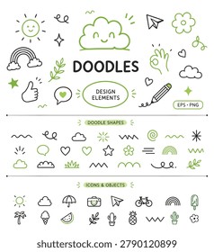 Collection of hand-drawn doodle icons and design elements, featuring clouds, sun, rainbow, leaves, flowers, paper plane, pencil, hearts, stars, cacti, fruits, ice cream and other cute vector illustrations. Perfect for social media graphics, digital scrapbooking, posters, stickers, websites, educational projects, greeting cards, and creative design projects.