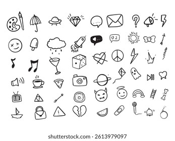 Collection of Hand-Drawn Doodle Icons Featuring Various Objects, Symbols, and Emoticons on White