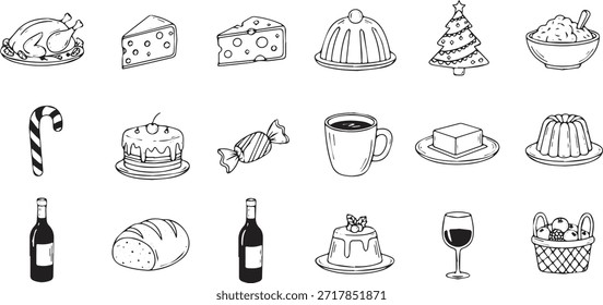 Una colección de iconos de doodle dibujados a mano con varios alimentos y bebidas con temas navideños, incluidos pavo asado, queso, pasteles, bastón de caramelo, vino, café y más.