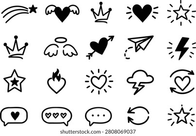 A collection of hand-drawn doodle icons featuring hearts, stars, crowns, and weather symbols in a simple black and white line art style.