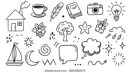 Collection of hand-drawn doodle icons including a house, coffee cup, feather, book, camera, light bulb, tree, star, boat, and speech bubbles on a white background.