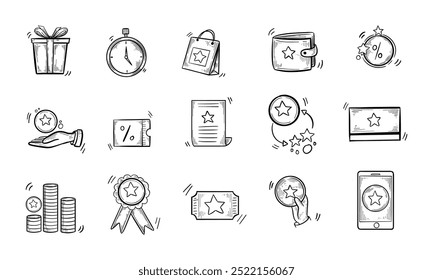 Una colección de iconos de doodle dibujados a mano que representan recompensas, descuentos y programas de lealtad de Clientes.