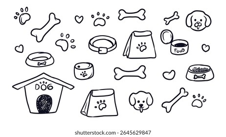 Coleção de ícones de doodle desenhados à mão que representam acessórios do cão e itens de cuidado de animais de estimação