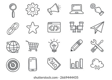 Uma coleção de ícones de doodle desenhados à mão que representam vários aspectos do marketing digital, SEO e crescimento dos negócios.