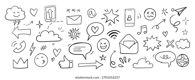 A collection of hand-drawn doodle icons representing internet, media, technology, and emotions. Includes chat elements, stars, and arrows.