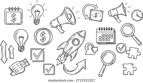 Uma coleção de ícones desenhados à mão representando vários aspectos de negócios, start-up e marketing, incluindo um foguete, lâmpadas, megafones, calendários, dinheiro e lentes de aumento.