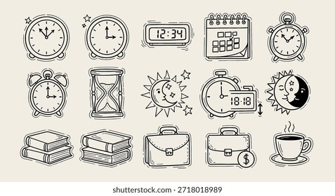 Una colección de iconos de doodle dibujados a mano que representan conceptos de tiempo, educación y negocios, con varios relojes, un calendario, reloj de arena, sol y luna, libros, maletines y una taza de café, todo en un estilo de contorno simple.