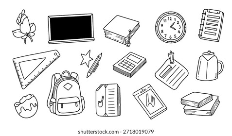 A collection of hand-drawn doodle icons representing various school and office supplies, including a blackboard, books, backpack, ruler, pencil, calculator, clock, clipboard, and a tablet.