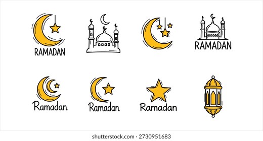 Eine Sammlung handgezeichneter Doodle-Symbole, die den islamischen heiligen Monat Ramadan darstellen, mit Mondsicheln, Sternen, Moscheen und einer traditionellen Laterne, perfekt für Grüße und festliche Designs 