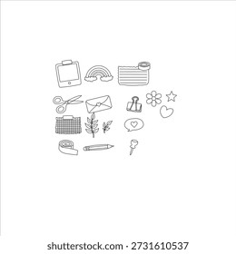 A collection of hand-drawn doodle icons representing various crafting and office supplies, including scissors, tape, envelopes, and stationery.
