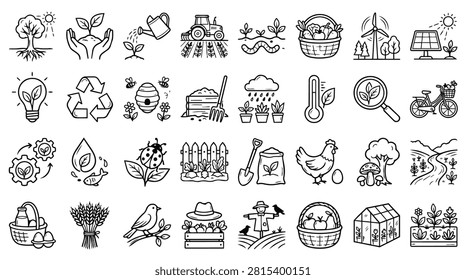 A collection of hand-drawn doodle icons representing farming, gardening, ecology, and sustainable agriculture in a clean black and white line art style.
