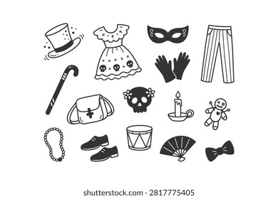 A collection of hand-drawn doodle icons representing Voodoo, New Orleans culture, and mystical elements, including clothing, accessories, and ritual items