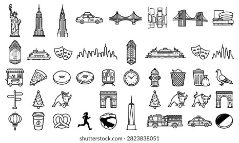A collection of hand-drawn doodle icons representing famous New York City landmarks and symbols.