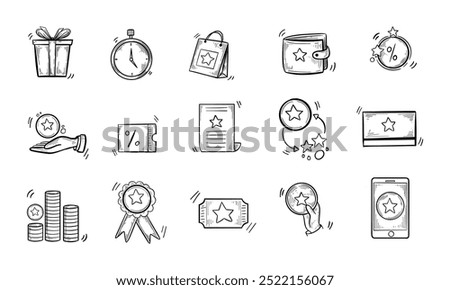 A collection of hand-drawn doodle icons representing rewards, discounts, and customer loyalty programs.