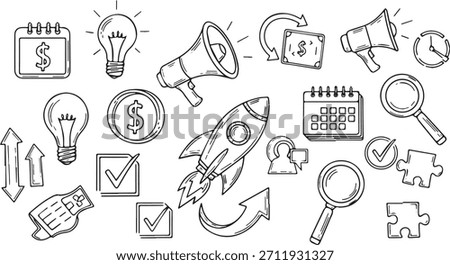 A collection of hand-drawn doodle icons representing various aspects of business, startup, and marketing, including a rocket, light bulbs, megaphones, calendars, money, and magnifying glasses.