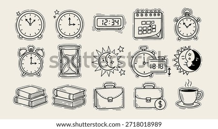 A collection of hand-drawn doodle icons representing concepts of time, education, and business, featuring various clocks, a calendar, hourglass, sun and moon, books, briefcases, and a coffee cup, all in a simple outline style.