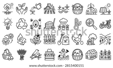 A collection of hand-drawn doodle icons representing farming, gardening, ecology, and sustainable agriculture in a clean black and white line art style.