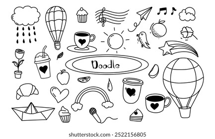 Una colección de ilustraciones de doodle dibujadas a mano con varios objetos y símbolos como nubes, globos aerostáticos, cupcakes, notas musicales y más.