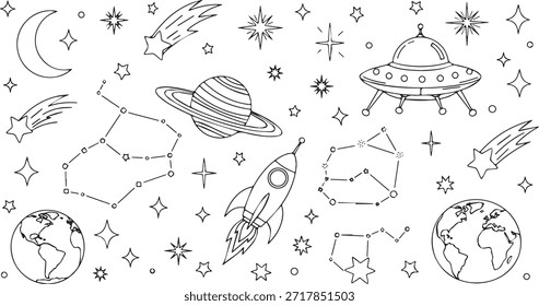 Eine Sammlung handgezeichneter Doodle-Illustrationen mit verschiedenen Weltraum-Themen-Elementen wie Planeten, Raketen, UFOs, Sternen, Monden, Kometen und Konstellationen, perfekt für Kinderdesigns oder Whi.