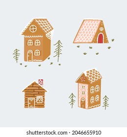 Colección de dibujos a mano de doodles ilustraciones del paisaje de las casas de jengibre con árboles. Vector clipart para decoraciones navideñas.