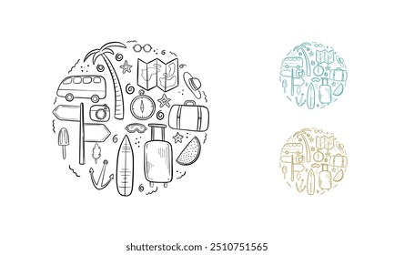 Eine Sammlung handgezeichneter Doodle-Illustrationen, die das Wesentliche für Sommerreisen darstellen.