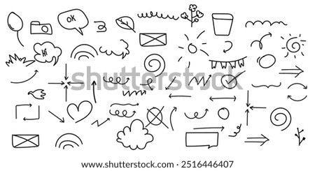 Collection of Hand-Drawn Doodle pen line Arrows, Clouds, Envelopes, anime mark Speech Bubbles, Swirls, and Nature Elements design for print