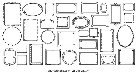 Collection of handdrawn doodle picture frames, museum frames, cute cartoon style, square, round, oval, rectangle shape, vector illustration 