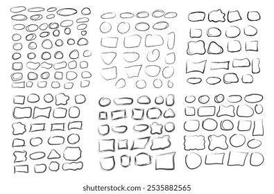 Una colección de Formas de doodle dibujadas a mano que incluyen óvalos, círculos y formas abstractas. Perfecto para resaltar, burbujas de notas o Elementos decorativos en proyectos de diseño.