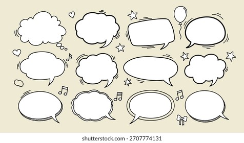Colección de burbujas de discurso de doodle dibujadas a mano con Elementos lindos como corazones de estrellas y notas musicales sobre un fondo beige.