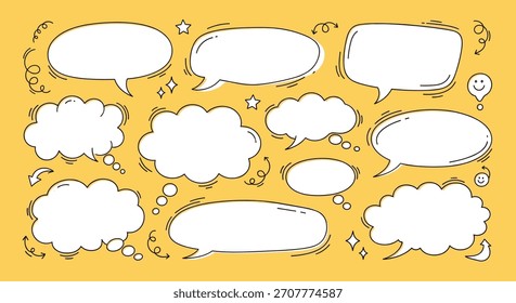 Coleção de bolhas de fala de rabiscar desenhadas à mão e nuvens de pensamento em várias formas para quadrinhos em um fundo amarelo brilhante.