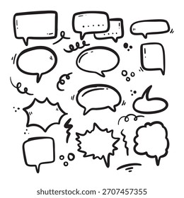 Uma coleção de balões de fala estilo doodle desenhados à mão e balões de pensamento em preto e branco.