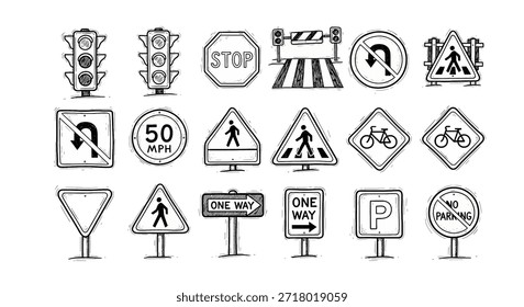 A collection of hand-drawn doodle style traffic signs and road symbols, including stop, speed limit, pedestrian crossings, no U-turn, one way, parking, and traffic lights, on a white background.