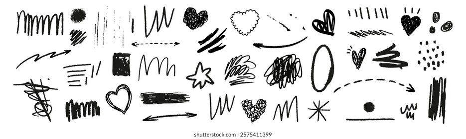 A collection of hand-drawn doodles with arrows, hearts, and scribbles. Playful doodles with arrows and hearts. Scribbles, arrows, and hearts in doodles. Doodle illustrations, vector set.