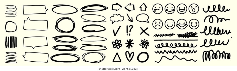 A collection of hand-drawn doodles featuring arrows, speech bubbles, smiley faces, and various shapes. Includes arrows, bubbles, and expressive faces. Doodle vector illustration set.