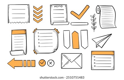 Uma coleção de rabiscos desenhados à mão com várias formas de papel, marcas de verificação e setas, com um estilo vintage e divertido.