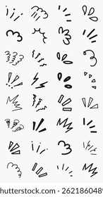 Collection of hand-drawn doodles, featuring various expressive lines and shapes. Includes exclamation marks, clouds, and zigzags in a playful style. Black hand drawn elements, vector set.