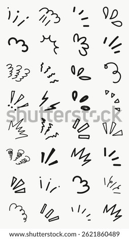 Collection of hand-drawn doodles, featuring various expressive lines and shapes. Includes exclamation marks, clouds, and zigzags in a playful style. Black hand drawn elements, vector set.