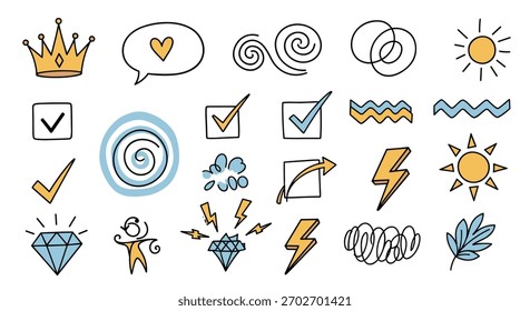 Uma coleção de rabiscos desenhados à mão e ícones representando vários conceitos, incluindo a realeza da natureza e símbolos.