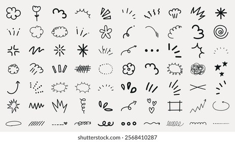 Collection of hand-drawn doodles including arrows, clouds, and stars. Simple, playful designs in black on a white background. Ideal for creative projects. Black hand drawn elements, vector set.