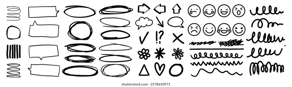 Collection of hand-drawn doodles including arrows, speech bubbles, and emoticons. Doodles feature arrows, speech bubbles, and emoticons in a playful style. Doodle vector illustration set.