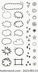 Collection of hand-drawn doodles, including speech bubbles, stars, clouds, and swirls. Perfect for creative projects, these doodles add a playful touch. Black hand drawn elements, vector set.