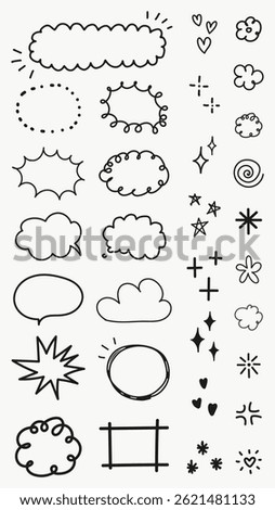 Collection of hand-drawn doodles, including speech bubbles, stars, clouds, and swirls. Perfect for creative projects, these doodles add a playful touch. Black hand drawn elements, vector set.